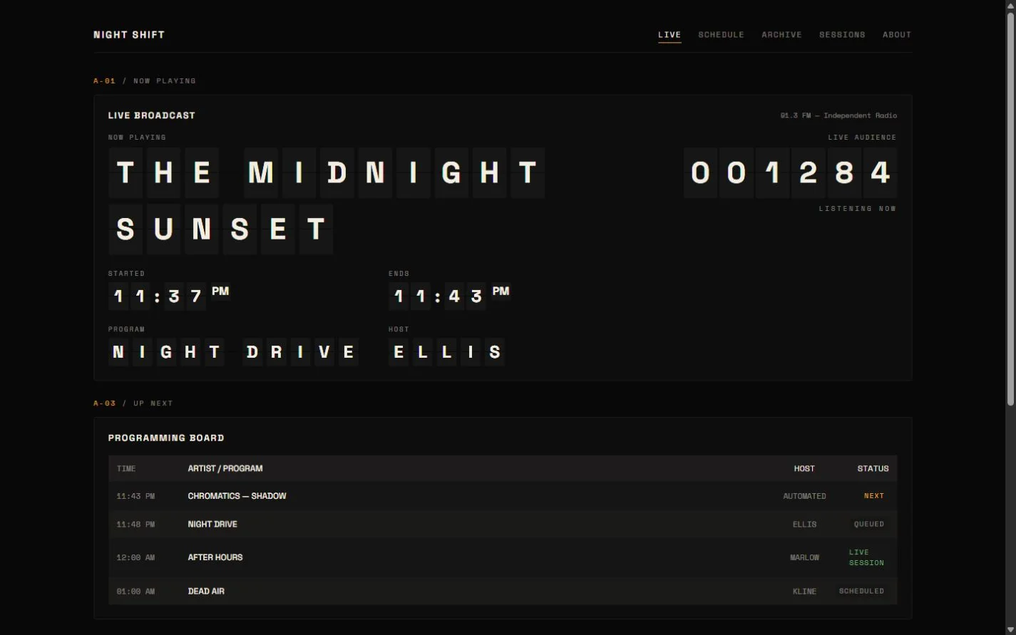 Desktop review frame for NIGHT SHIFT — 91.3 FM
