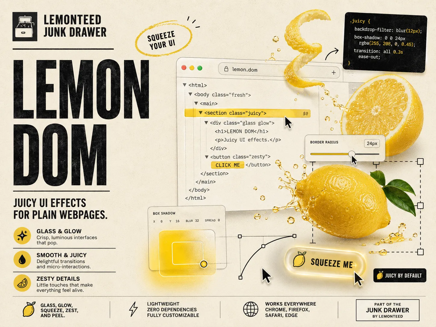 Interactive zine-style preview of Lemon DOM UI effects