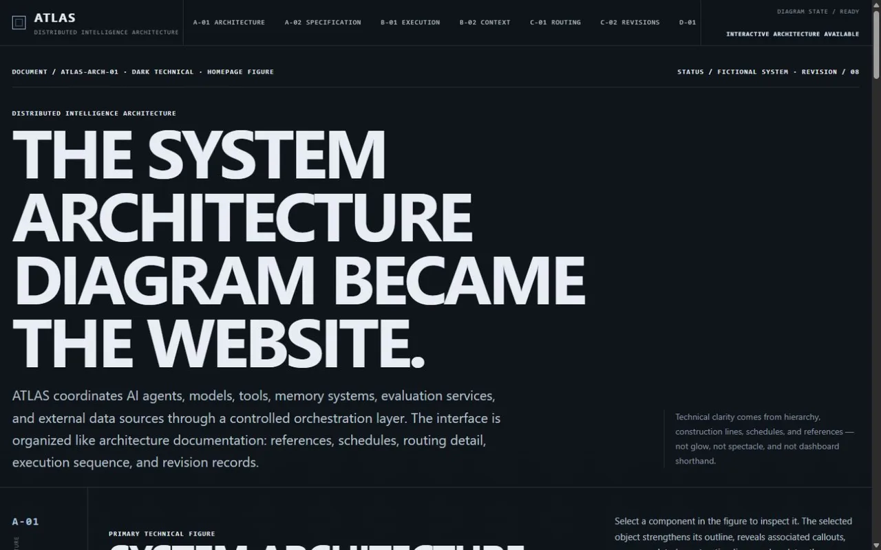 Desktop ATLAS systems architecture website using Blueprint technical drawing language