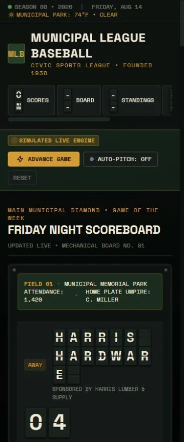 Mobile Municipal League Baseball website preserving the Solari scoreboard mechanism