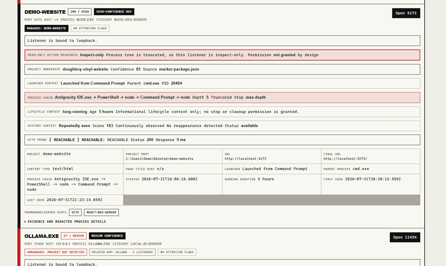 Localhost Watchdog listener evidence report for demo-website on port 5173, showing process, project, launcher, lifecycle, history, and HTTP probe details
