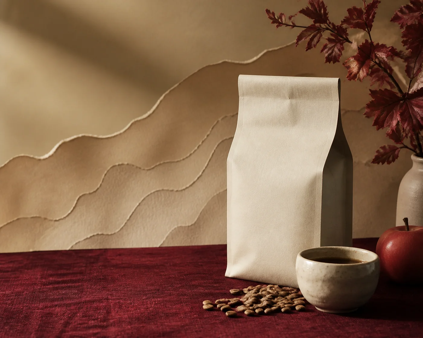 Unbranded coffee bag, cup, beans, and red apple arranged on burgundy linen