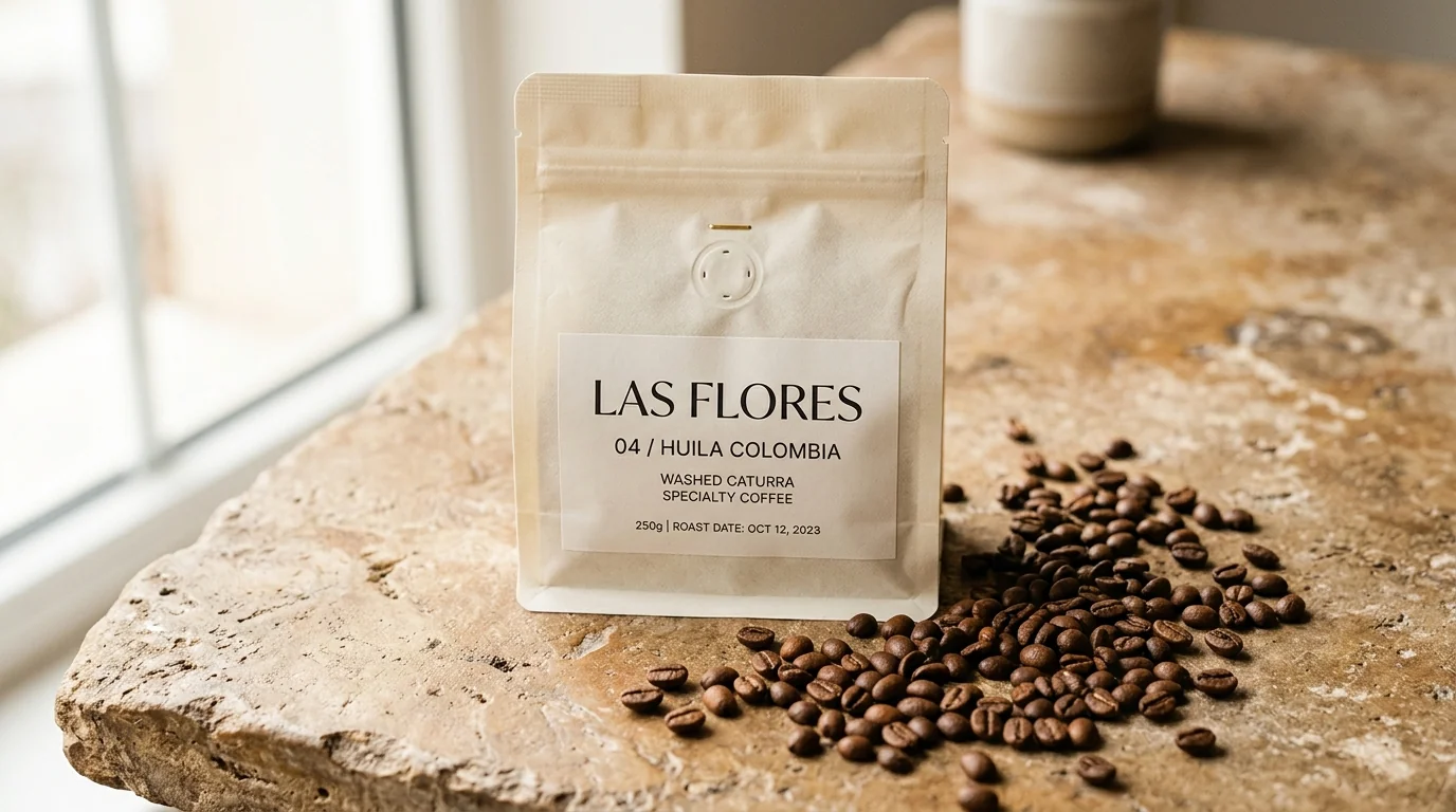 Northline Coffee Las Flores 04 bag with fresh whole roasted beans on stone surface