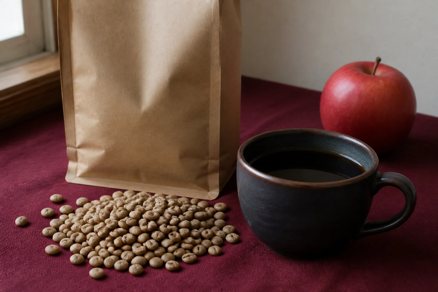 Coffee bag, cup, beans, and a red apple on linen